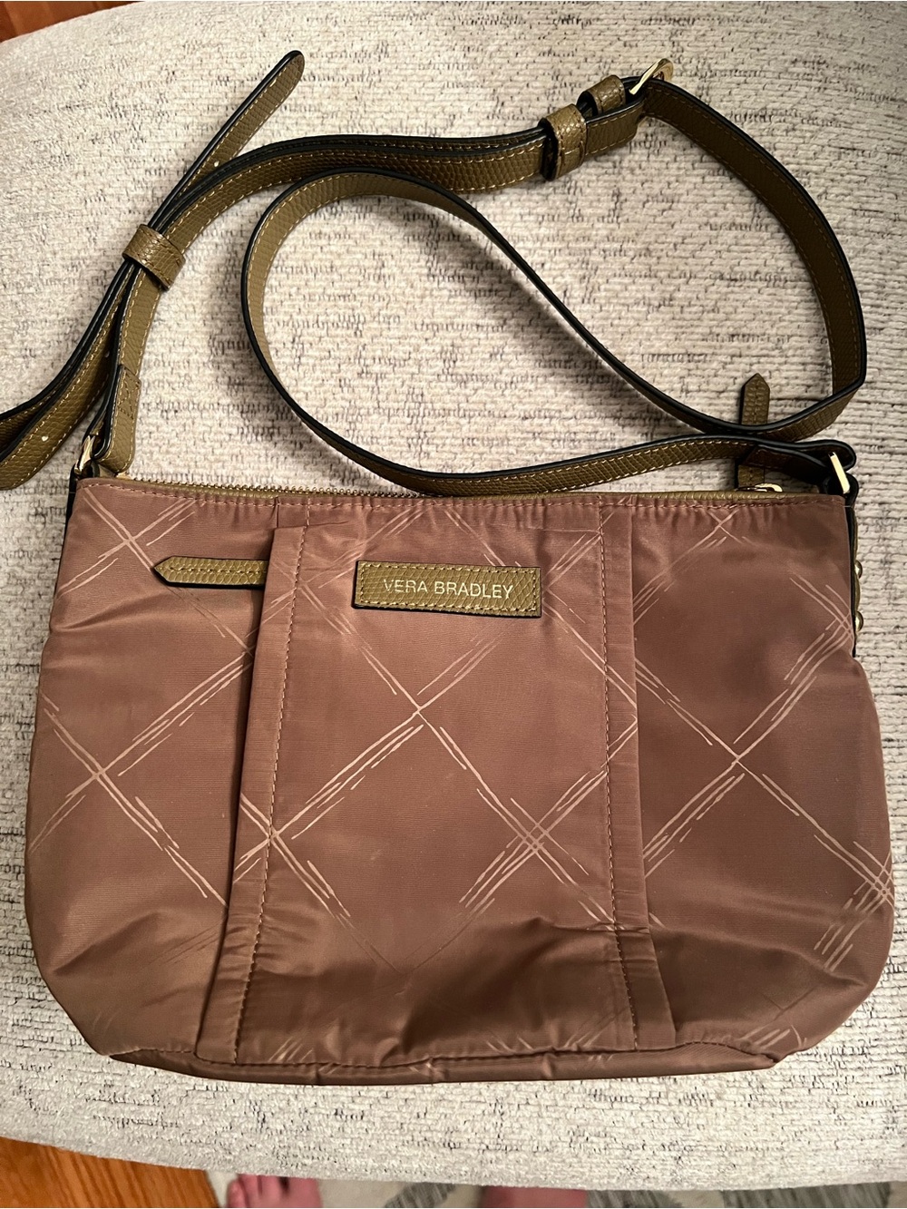 Vera Bradley Brown Quilted Nylon Crossbody with Olive Trim